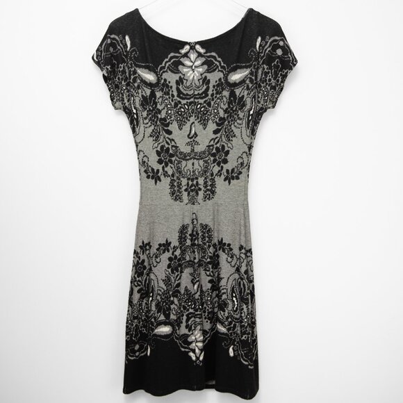 Desigual Knit Dress Midi Sheath Floral Cap Sleeve Black Grey Size Small - Picture 2 of 5